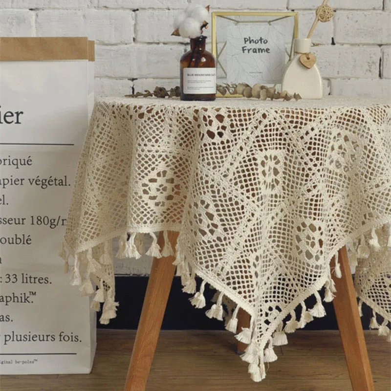 

Retro Style Beige Handmade Crochet Tassel Decorative Round Table Cloth Home Multi-function Dust-proof Cover