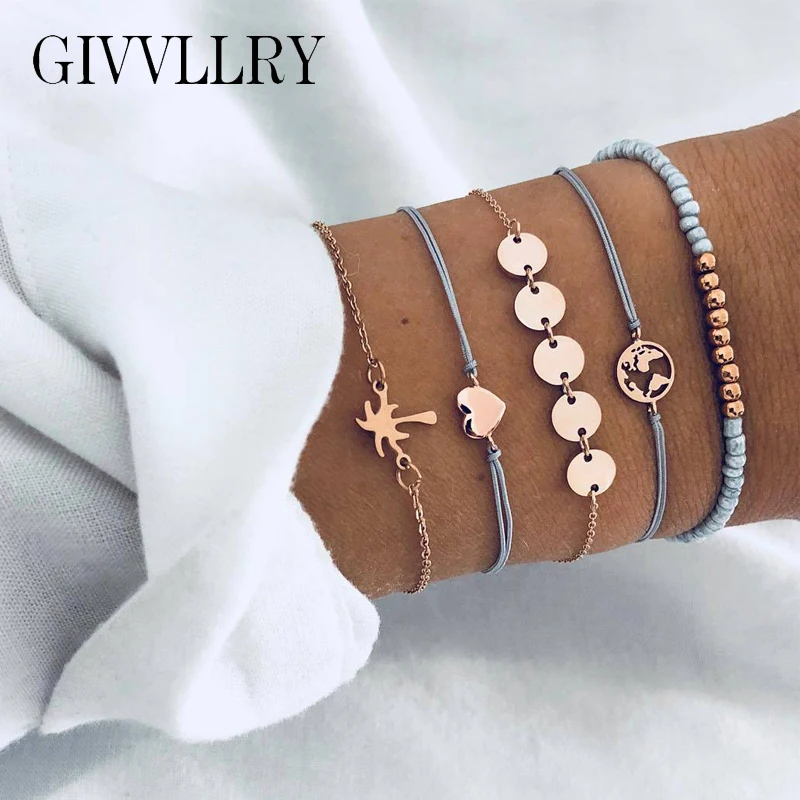 

GIVVLLRY World Map Coconut Tree Charm Bracelets for Women Bohemian Hawaii Handmade Beaded Gray Weave Rope Bracelets Set Jewelry