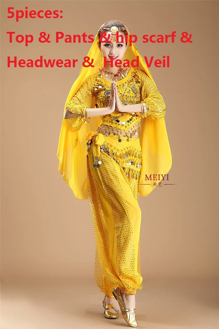 Платье для танца живота, профессиональный Восточный Костюм для танца живота, набор размера плюс, костюмы для продажи, женское индийское сари для женщин, для танцев - Цвет: yellow5pcs