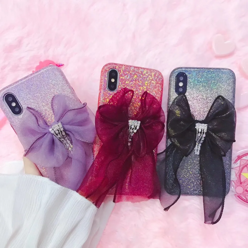 Fashion Silk Ribbon Bowknot Gemstone Pendant Phone cover For iphone X 6 6s 7 8 Plus Bling Glitter Powder Soft Case |