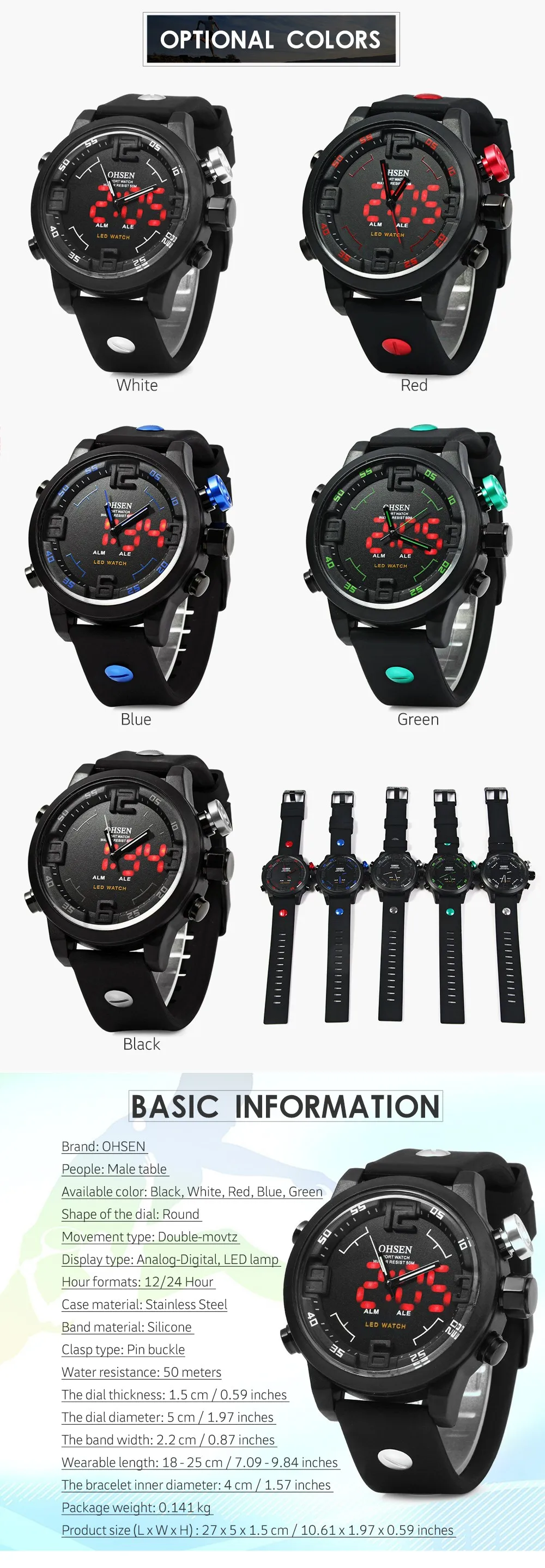 Модные мужские часы OHSEN, брендовые, повседневные, Horloges Mannen, многофункциональные, двойное время, мужские часы, спортивные наручные часы