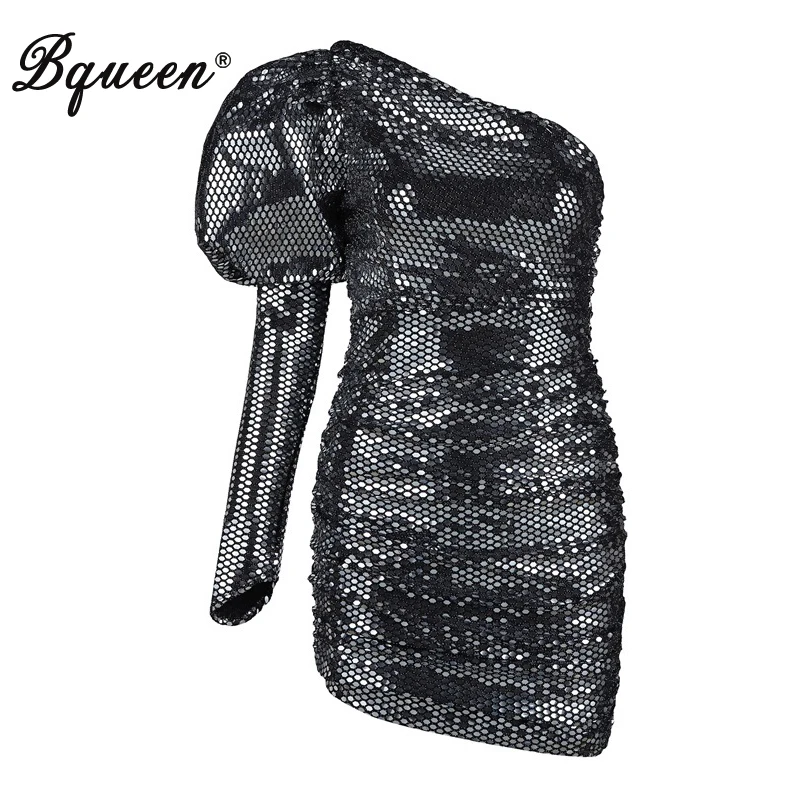 

Bqueen Bodycon Women Dress Sexy Sequined One ShoulderPuff Sleeve Empire Mini Dress Club Vestidos Party Dresses 2019 New