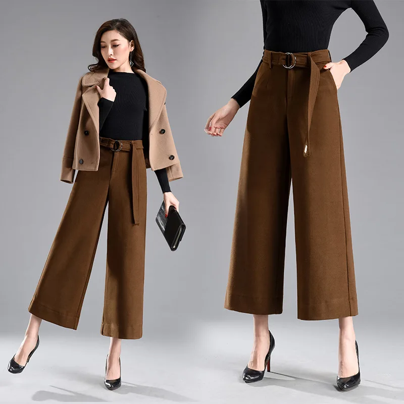 

Office Lady High Solid Woman Wool Wide Leg Pants Drawstring Woolen Trousers Ankle-Length Palazzo Pants Plus Size