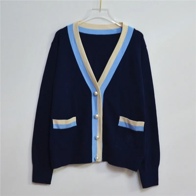 

Luxury Designer Brand Knitted Sweater for Women V Neck Pearl Button Loose Knitted Cardigan Sweater Blue