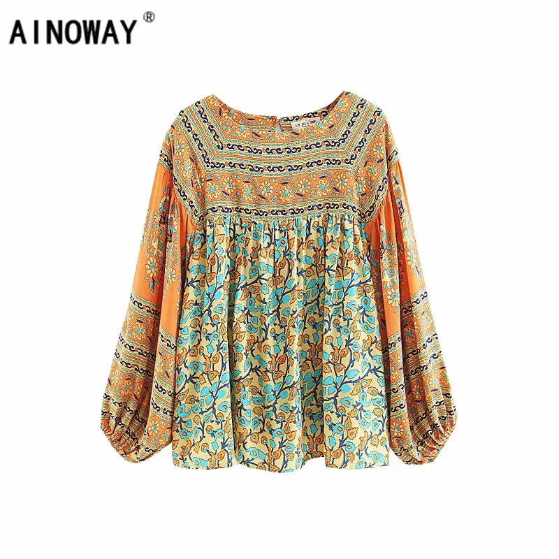 

Vintage chic Women Bohemian floral print long sleeve blouse shirt loose harajuku knited Boho beach rayon shirts blusa