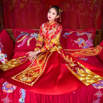 

Chinese Ladies Qipao Asian Bridal Dress Suzhou Embroidery Cheongsam Suit Ancient Royal Marriage Suit Vintage Red Toast Clothes