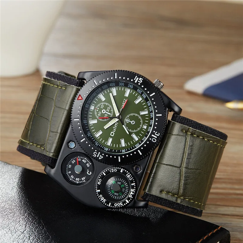 Oulm Sport Wrist Watch Men Quartz Military Clock Wide Strap PU Leather