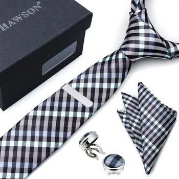 

New Arrival HAWSON Colorful Patchwork Necktie Set with Pocket Square Tie Clip Button Cover Cuff Link Men Ties, Cufflinks for Men
