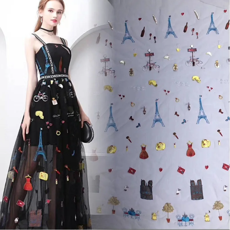 

Cartoon World Screen Lace Embroidery Fabric Women's Dress Multicolored Polyester Embroidery Fabric Black and White