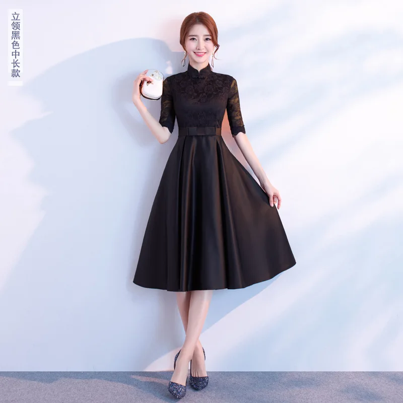 Black High Neck Красивые платья подружки невесты с круглым вырезом и рукавом средней длины, кружевные вечерние платья, плиссированное платье для выпускного вечера, Vestido de dama de honor - Цвет: Black High Neck