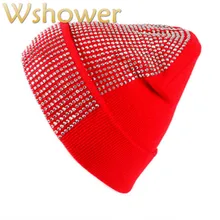 Модные стразы головные уборы Skullies Beanie для Для женщин для девочек однотонные, с украшениями зимняя вязаная шапка Кепки Повседневное Осенняя шапка в стиле хип-хоп, мужские и женские бейсбольные кепки