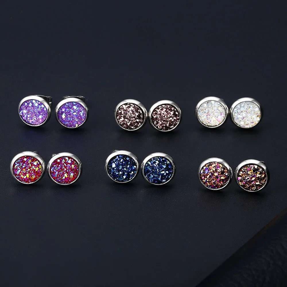 Copper Ear Post Stud Earrings Round Royal Blue AB Color W/ Stoppers