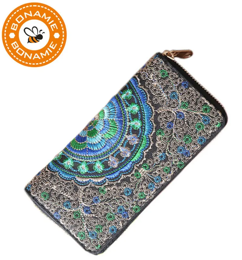 

BONAMIE National Embroidery Women Clutch Wallet Purse Double Faced Embroidered Long PU Zipper Coin Bag Small Purse Card Holder