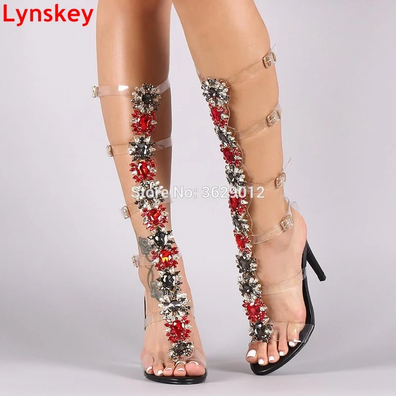 

Lynskey Sexy Pvc Transparent Gladiator Sandals Woman Open Toe Rhinestone Diamond Clear High Heel Shoes Women Summer Boots