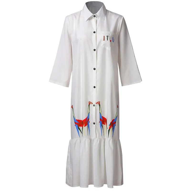 New Women Girls Summer Bohemain Loose Dress Stand Dropped Beach Giraffe Print Mid-Calf Button Loose Half Dress #E17 (1)