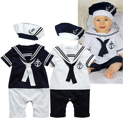 Traje de cuello marinero para bebé, niño y niña, mameluco, y sombrero, novedad|baby boy girl|romper boy sailor suit -