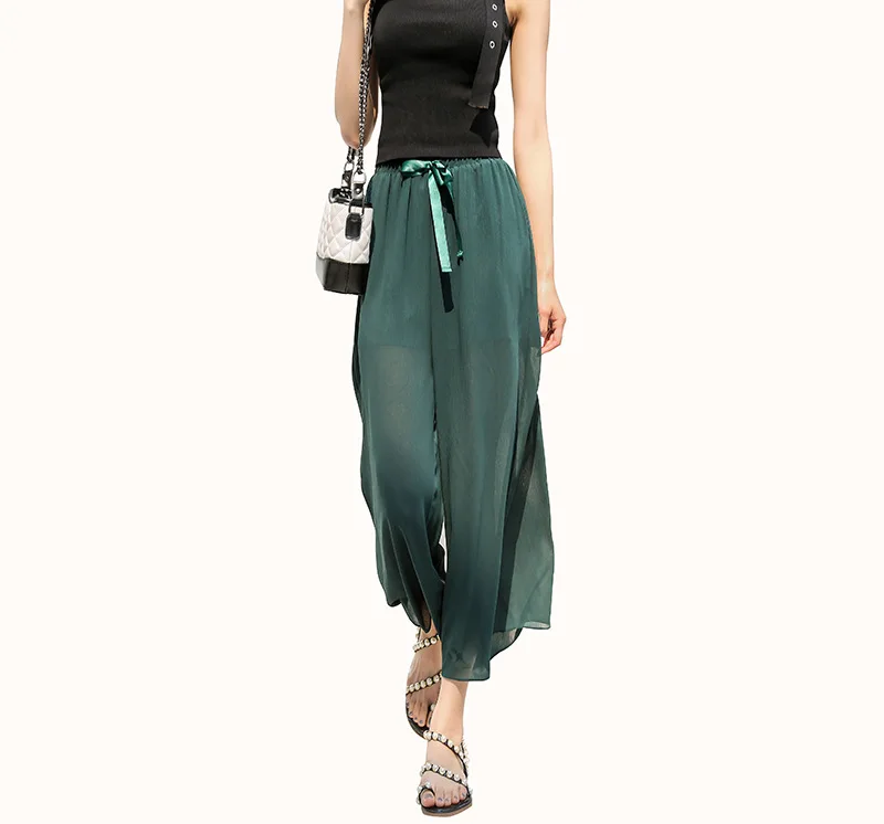 

Summer 2019 Breathable Thin Folded Ice Silk Chiffon Wide-legged Pants Women's Nine-minute Pants and Eight-minute Pants Women