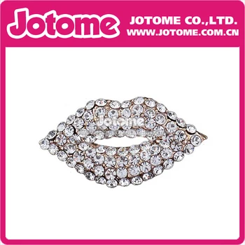 

100pcs/lot Gold White Crystal Rhinestone Lips Brooch Fashion Women Jewelry