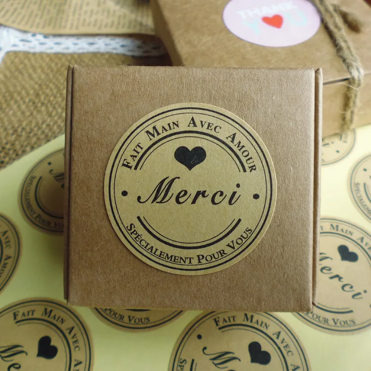 120 шт. клейкие французские Merci Love Heart ручной работы для упаковки тортов уплотнительные этикетки из крафтовой бумаги наклейки для выпечки DIY подарок круглые наклейки s M1211