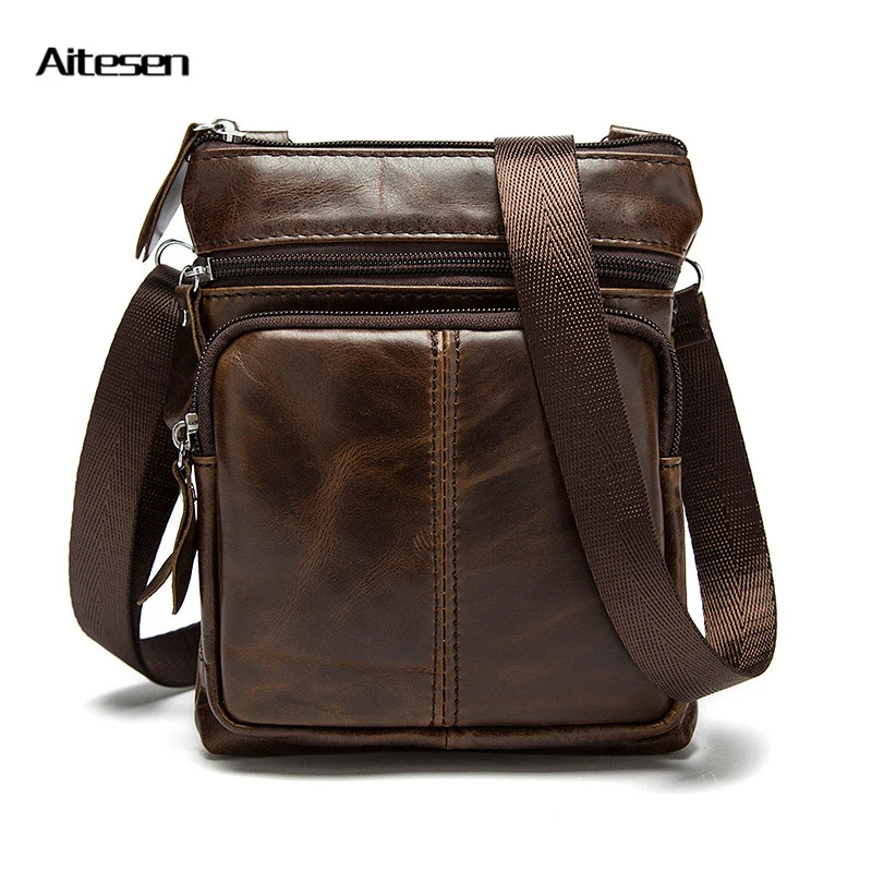 AITESEN 2017 New Men's Bags Cowhide Leather Shoulder Bag Multiple Zipper Leisure Man Crossbody Travel Small | Багаж и сумки