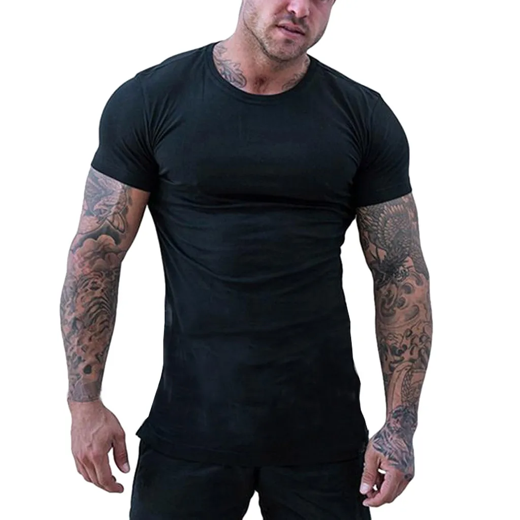 T Shirt Men 2019 Black Solid color T Shirt Quick Dry Slim Fit Tees gym ...