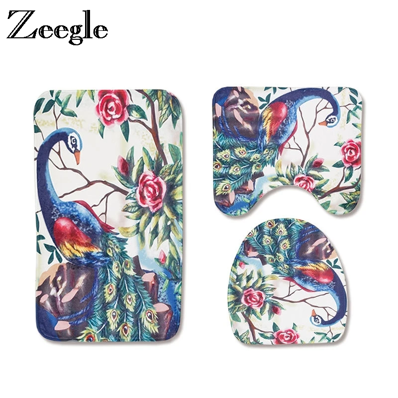 

Zeegle 3Pcs/set Carpet Bathroom Bath Mat Peacock Printed Bathroom Mat Bath Rugs Non-slip Bathroom Floor Mats Toilet Lid Cover