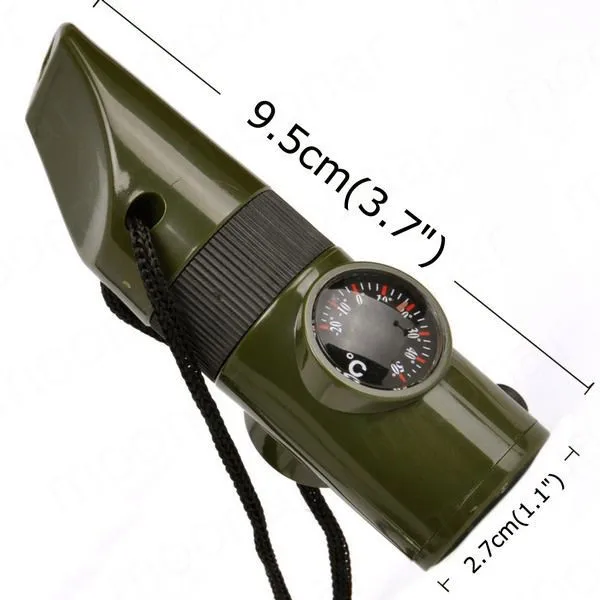 

7 in1 Survival Kits Rescue Whistle+LED Light+Compass+Thermometer+Mirror+Magnifier+Storage Box Camping Hiking Emergency Whistle