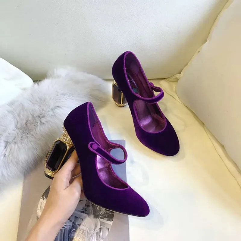 VIISENANTIN velvet high heel shoe green purple red T belt retro style rhinestone gemstone heel wedding shoe party shoe