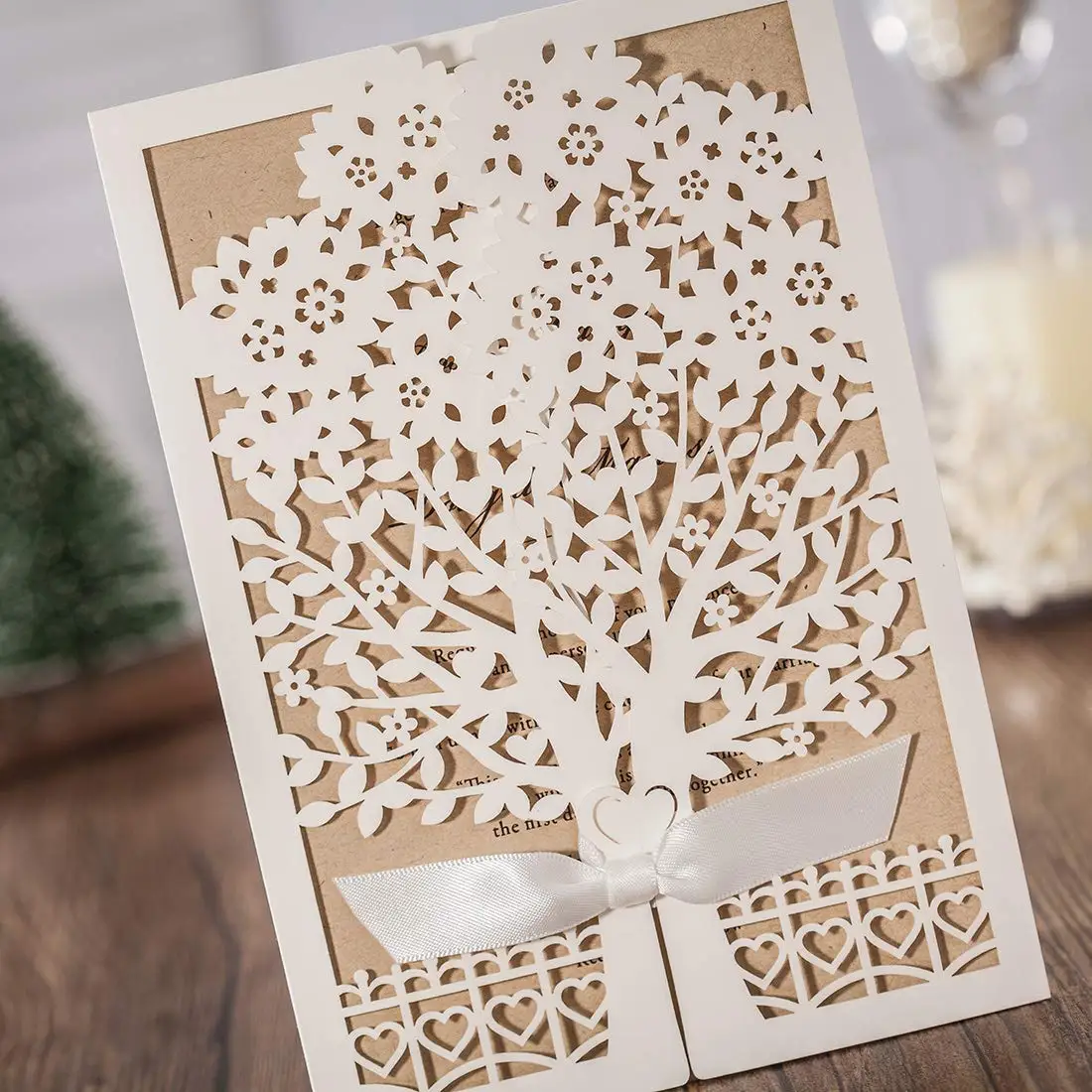  12Pcs White Laser Cut Wedding Invitations Tree and Fence Birthday Gift Card with envelopes for marr - 32989032847