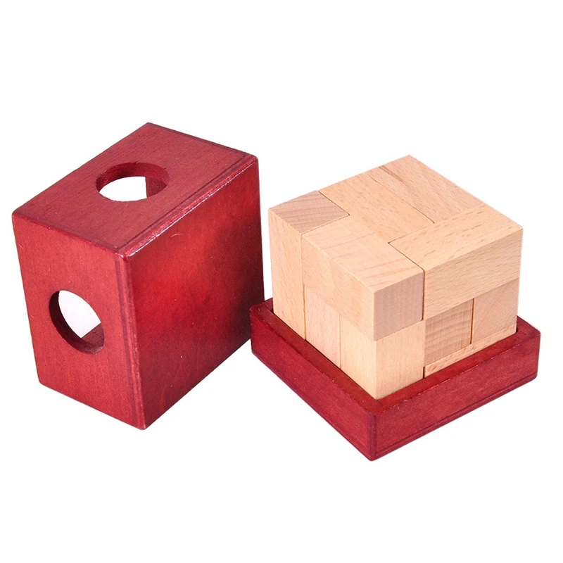 IQ Wooden Soma Cube Red Wooden Box with Cube Puzzle Logic Brain Teaser Wood Game Toys 3D Puzzles for Teens Adults Children Gifts 3