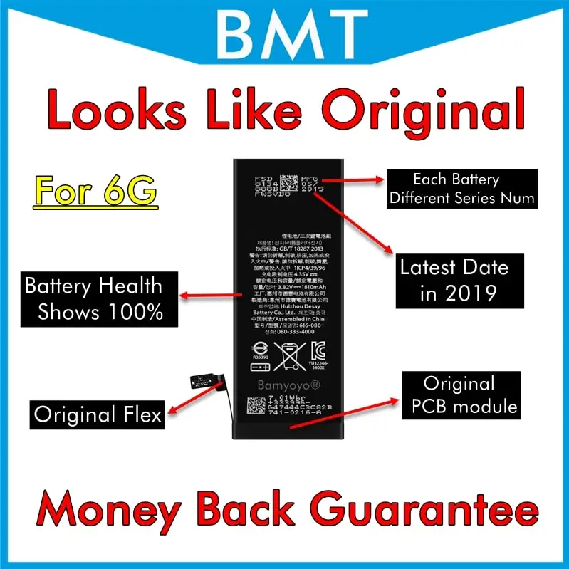 

Bamyoyo Original 10pcs Battery for iPhone 6G 6 for Apple Accu 1810mAh Replacement + AP LOGO + ILC Technology in 2019