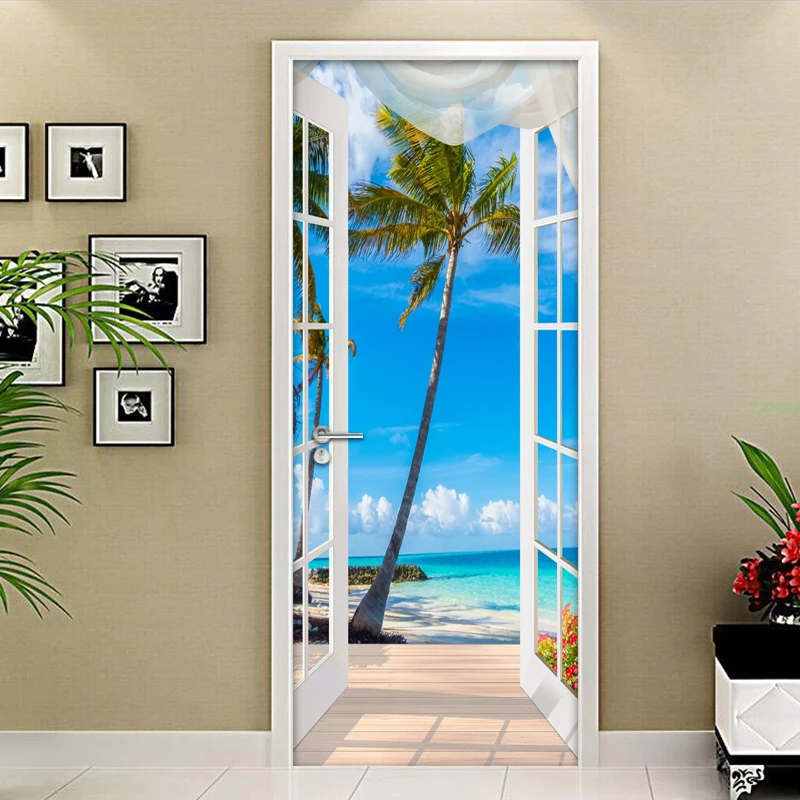 3D наклейка на дверь, окно, балкон, кокосовое дерево, вид на море, Настенные обои, наклейка s, самоклеющиеся съемные домашние наклейки на двери и стены