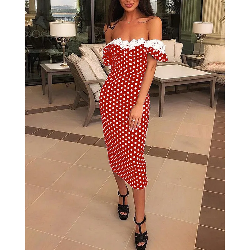 

Lace Applique Off Shoulder Dots Print Dress Women Cold Shoulder Polka Dot Red Summer Dress 2019 Slim Fit Casual Party Vestidos