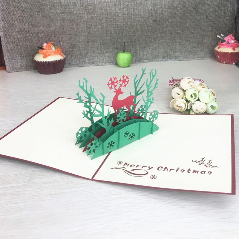 Merry Christmas винтажная 3D лазерная резка всплывающая бумага ручной работы на заказ поздравительные открытки Рождественские подарки сувенирные открытки принадлежности