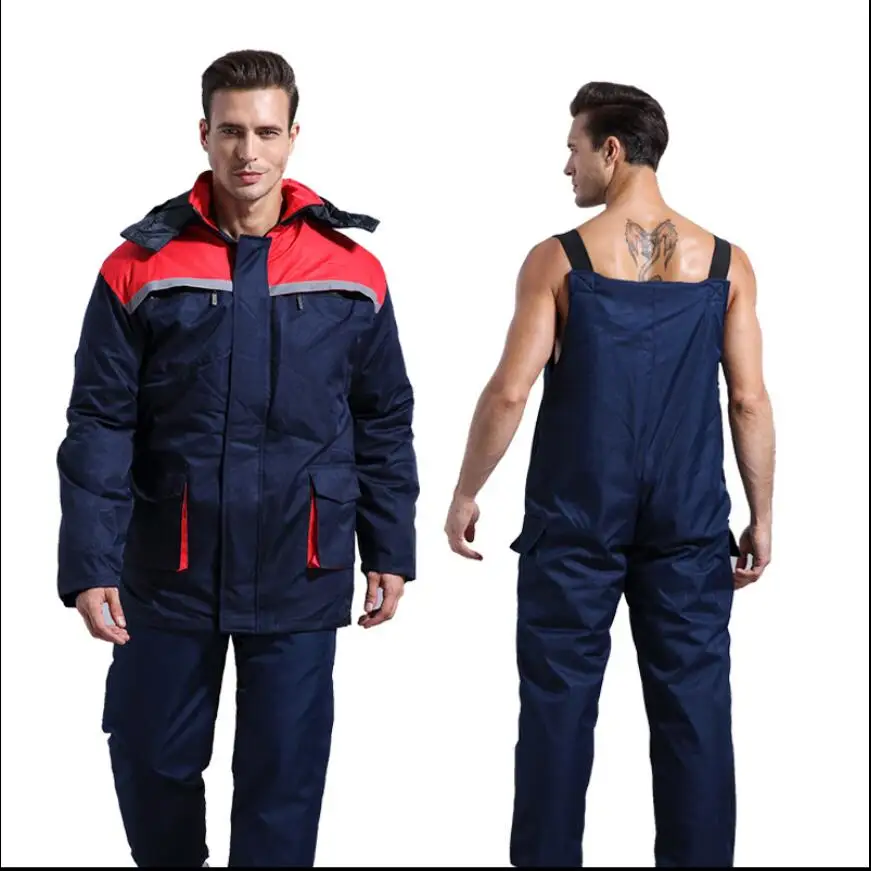 

L-4XL Men winter work cotton Antifreeze overalls Bib pants hickening jumpsuit labor factory Siamese uniform Cold storage clothes