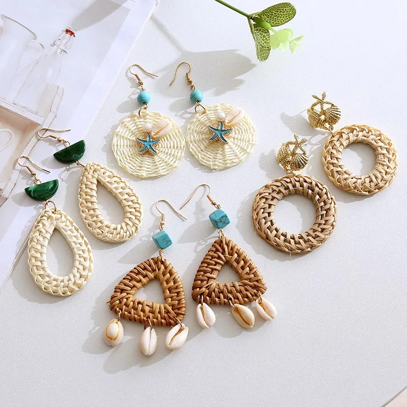 

SEDmart Hademade Weaving Starw Drop Earrings for Women Geometric Boho Shell Rattan Earrings Fround Vintage Pendant Jewelry