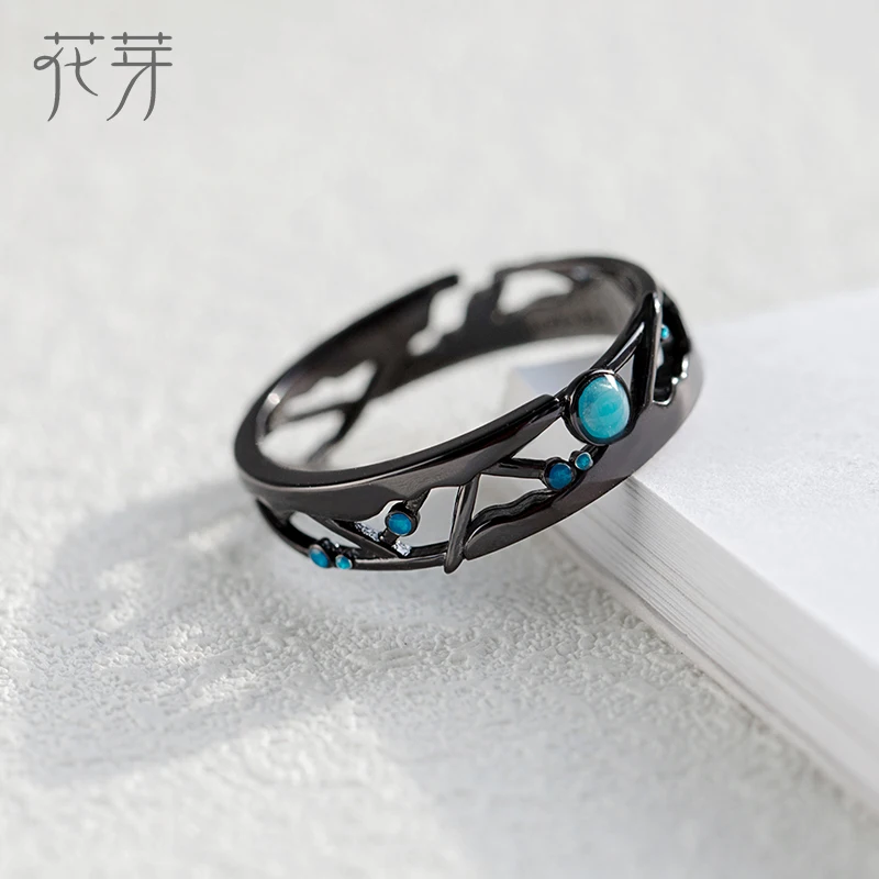 Thaya S925 Silver Cosmic Milky Way Design Black Rings Blue Bright Zircon Beads Rings for Women Lover Vintage Jewelry Gift Fine Jewelry