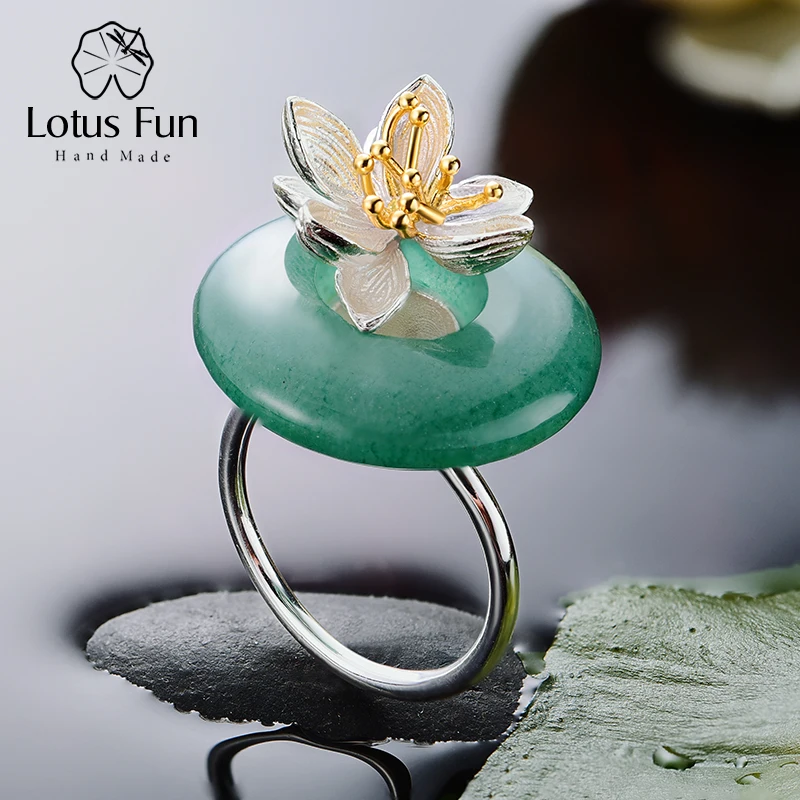 Lotus Fun Solid 925 Sterling Silver Rings for Women Round Green Chalcedony Flower Finger Ring Resizable Band Fashion Jewelry