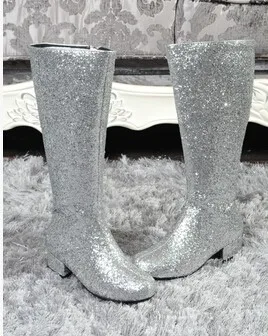 

Hot Selling Cheap Silver Glitter Runway Fashion Thick Heels Woman Boots designer woman motorcycle boots