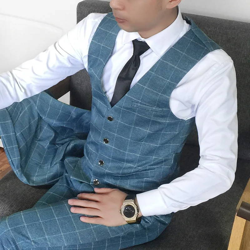 New Tweed Men Suits Plaid Terno Wedding Suit 1 Buttons Groom Tuxedos Tailored Wool Suits Custom Made (Jacket+pants+vest)