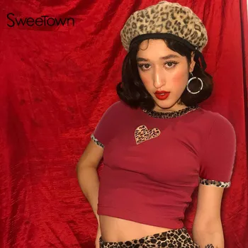 

Sweetown 2019 New Patchwork Leopard Cute Crop Top Tshirt Red O-Neck Short Sleeve Summer Tops Vintage Kawaii Streetwear Clothes