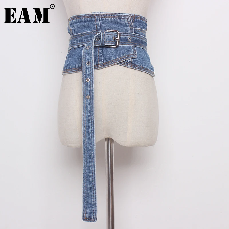 

[EAM] 2019 New Spring Summer Denim Irregular Split Joint Holes Personality Wide Belt Women Fashion Tide All-match JQ592
