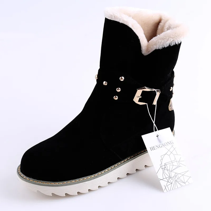 Зимние сапоги на искусственном меху; женские модные ботильоны размера плюс; черные зимние теплые плюшевые сапоги; женская обувь на плоской подошве; Прямая поставка - Цвет: Черный