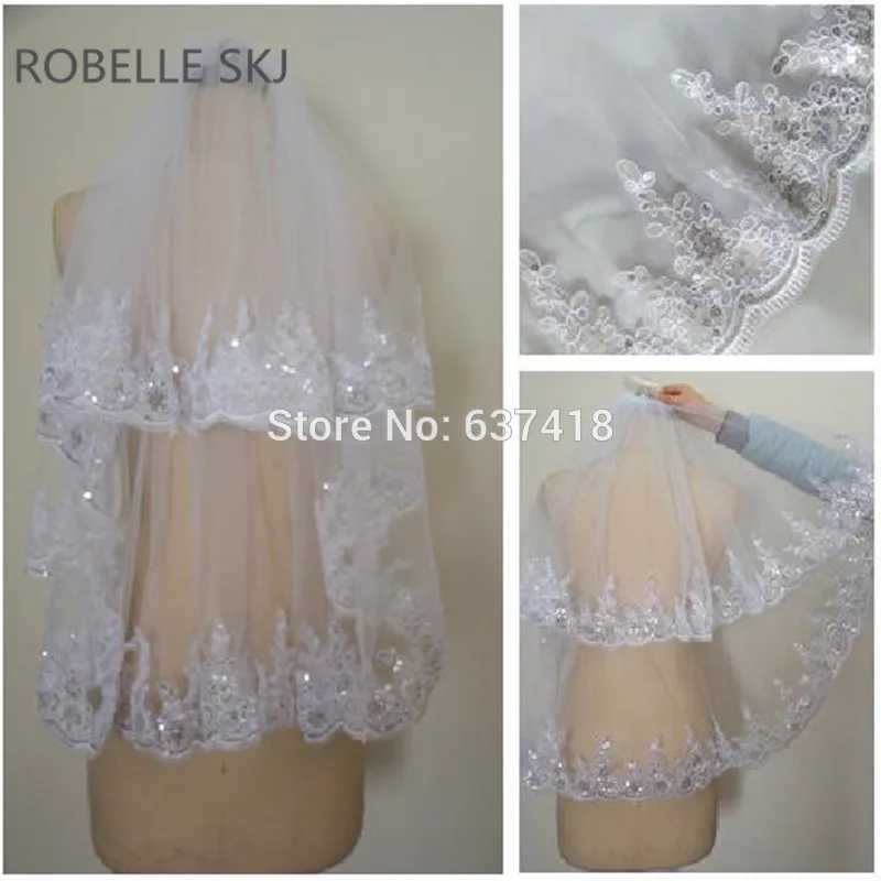 

Two Layer Short Wedding Veil with Comb Lace Appliques Sequins Bride Veil Voile Mariage Wedding Accessories 85cm Champagne Red