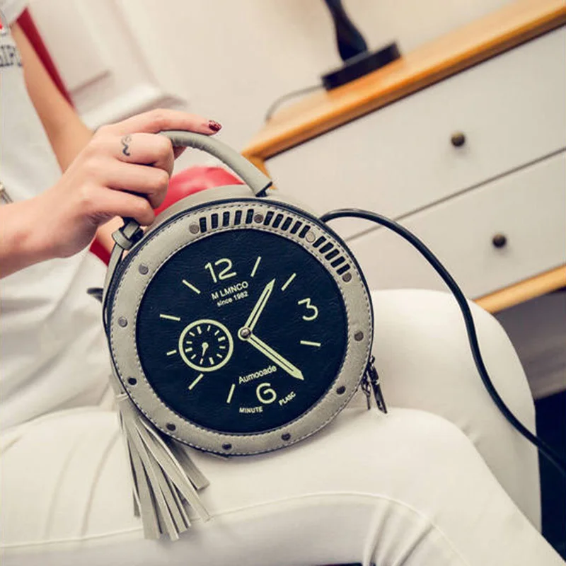 New Women Tassel Clock Shoulder Bag INS Popular Fashion Female Circle Handbag Mini Travel Lady Rivet PU Handle Crossbody SS3483 (7)