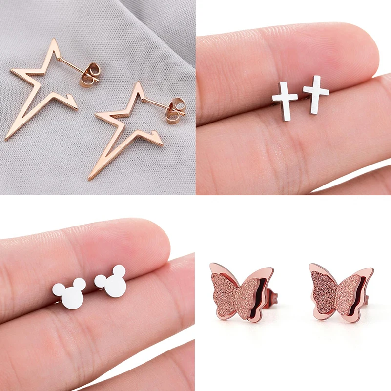 

Shuangshuo Cute Mickey Stainless Steel Stud Earrings for Women Everyday Jewelry Tiny Butterfly Star Cross Earrings pendientes