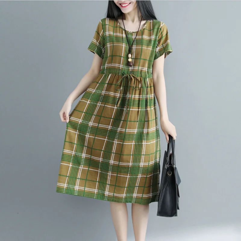 

Summer Plaid dress Women Short sleeve Cotton linen Casual A Line dresses Femme Drawstring strap vintage dress fashion