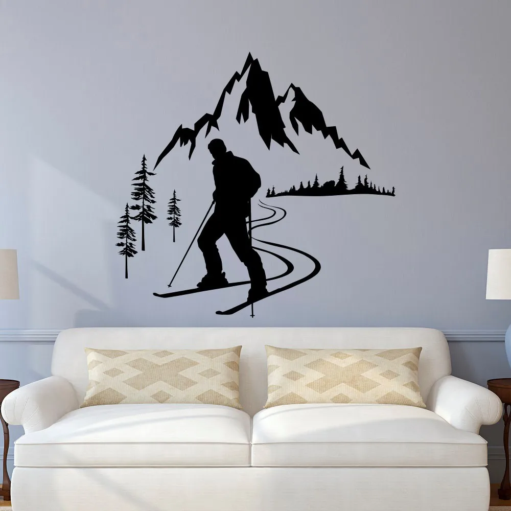 Skier vinyl Wall Stickes Winter Sports Mountain Wall Decal Skiing Sports mural For Boys Room