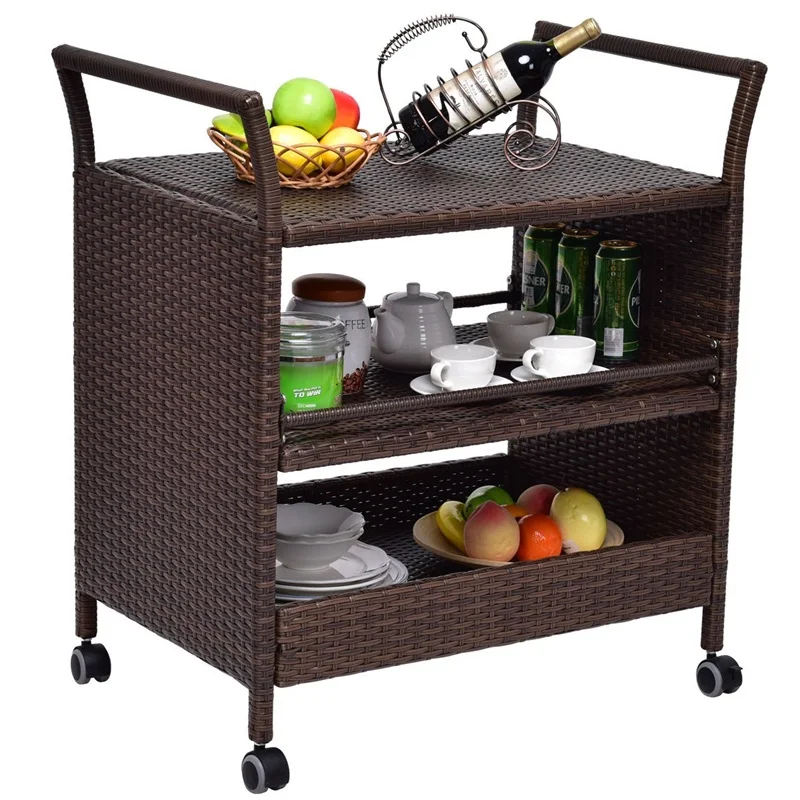 

Rattan Rolling Serving Cart Storage Shelves Rack Room Organizer with Four 360 Degree Swivel Wheels and Two Handles HW54829