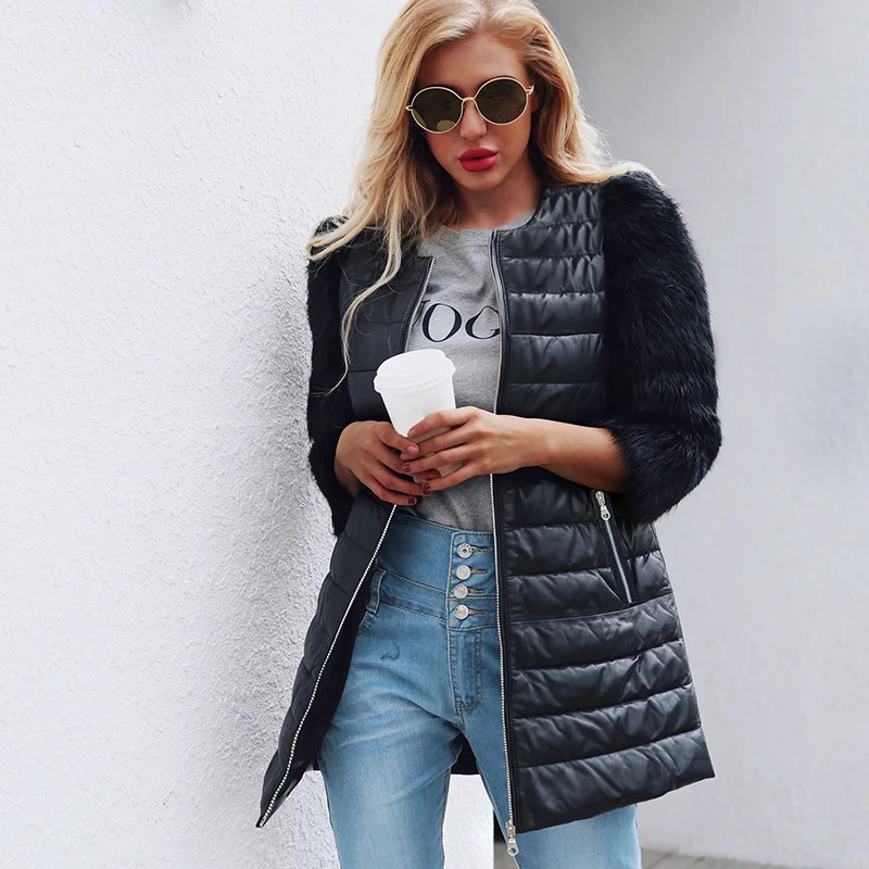 

2019 Autumn Winter Women Faux Fur PU Long Coat Jacket 3/4 Sleeves Zipper Front Side Pockets Casual Down Jacket Overcoat Outwear